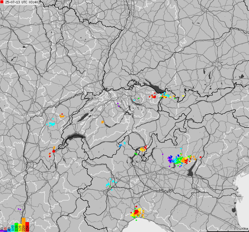 Map of lightnings across Switzerland and Liechtenstein