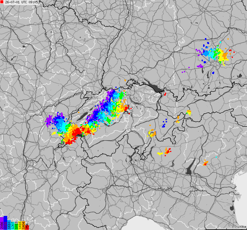 Map of lightnings across Switzerland and Liechtenstein