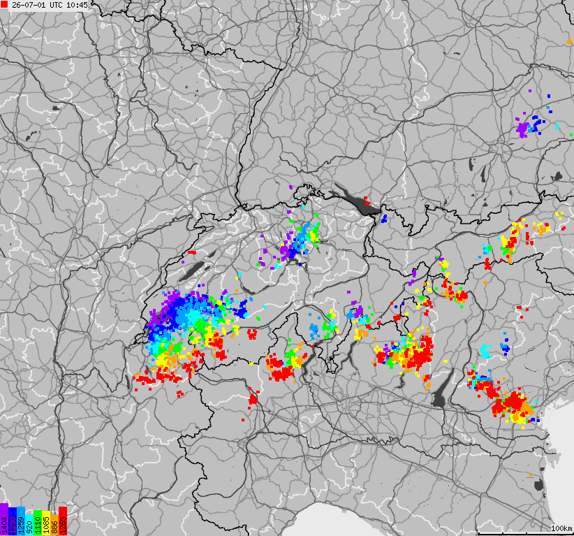 Map of lightnings across Switzerland and Liechtenstein