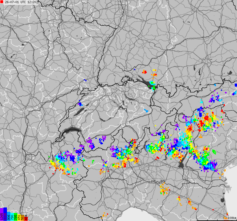 Mapa wyładowań atmosferycznych na obszarze Szwajcarii i Liechtensteinu