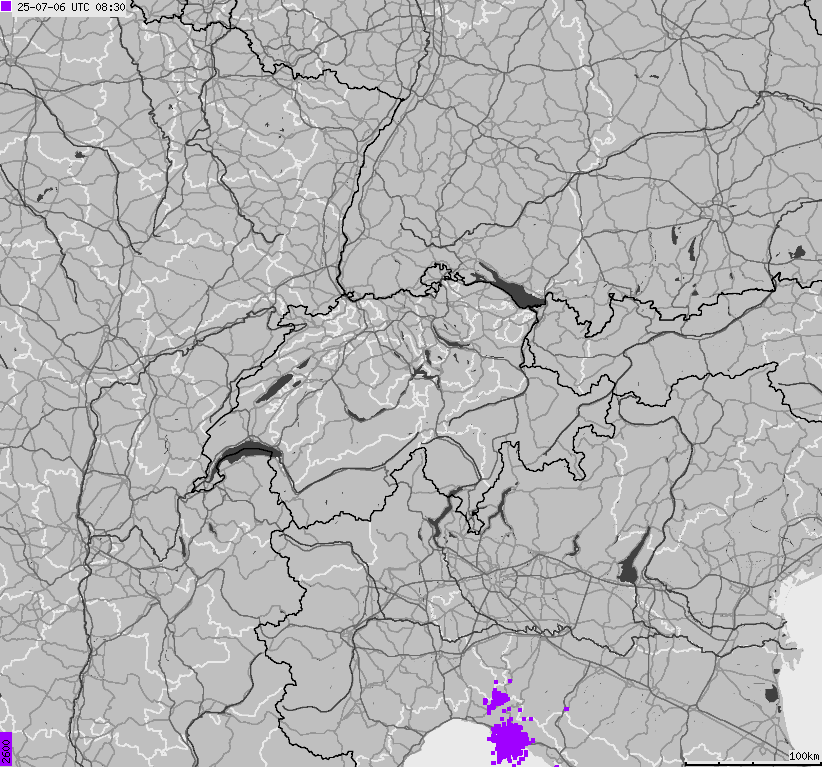 Map of lightnings across Switzerland and Liechtenstein