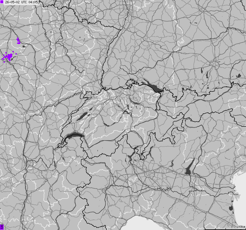 Map of lightnings across Switzerland and Liechtenstein