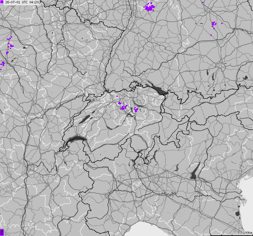Mapa wyładowań atmosferycznych na obszarze Szwajcarii i Liechtensteinu