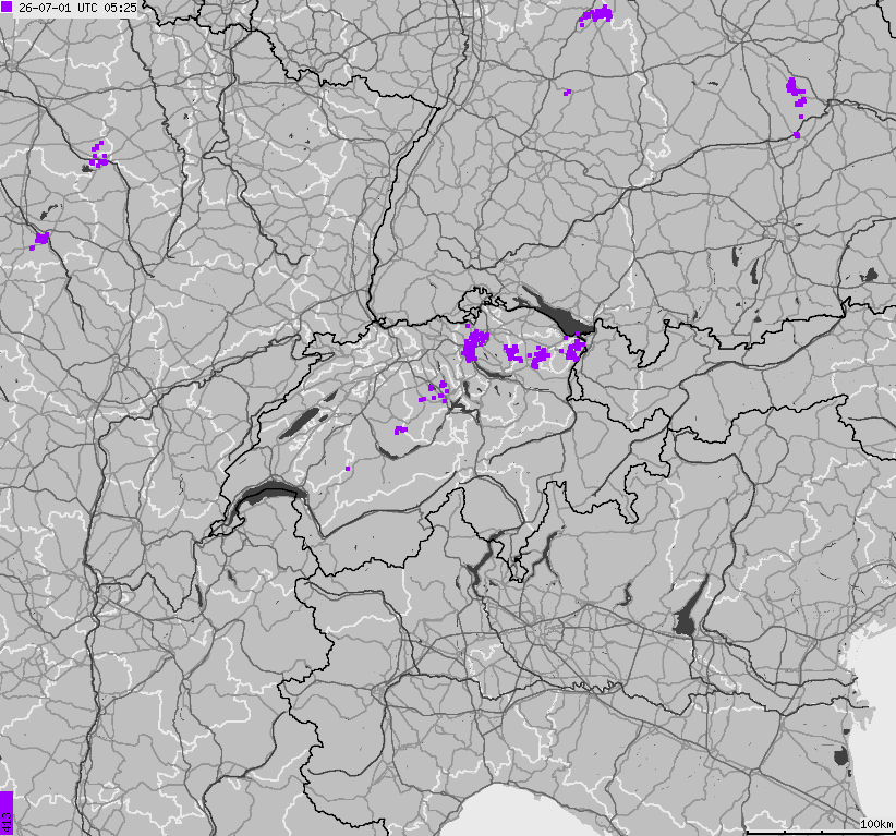 Mapa wyładowań atmosferycznych na obszarze Szwajcarii i Liechtensteinu