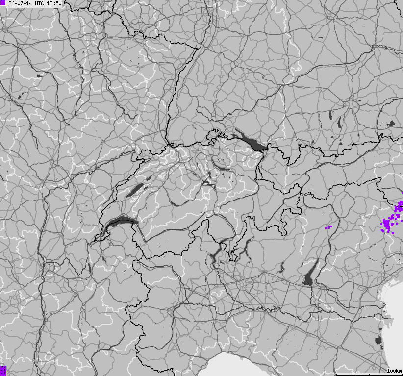 Mapa wyładowań atmosferycznych na obszarze Szwajcarii i Liechtensteinu