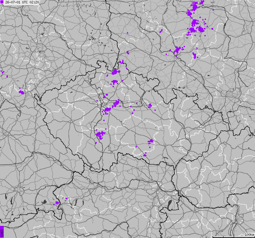 Map of lightnings across Czech Republic